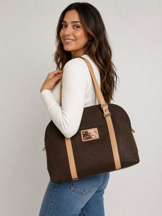 Jm New York Handbags - JM New York Brown Pebbled Faux Leather Large Dome Tote Shoulder Bag Beige Trim